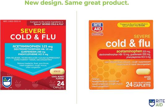 Rite Aid Severe Flu And Cold Relief Caplets - 24 Count | Pain Relief | Congestion Relief | Fever Reducer | Sinus Medicine For Adults | Decongestants For Adults | Cold And Flu Medicine For Adults