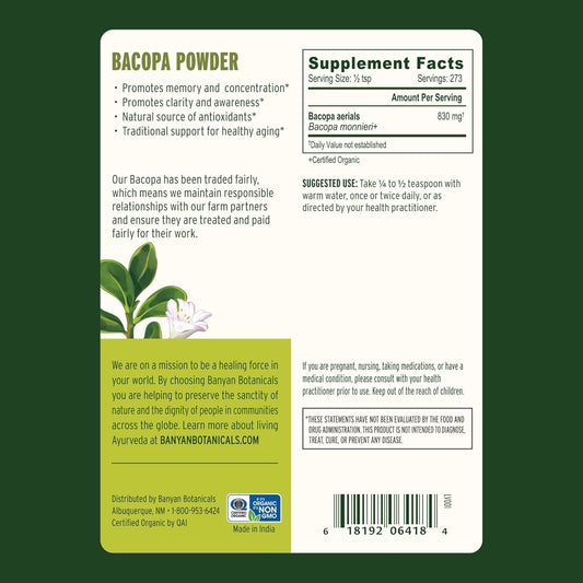 Banyan Botanicals Bacopa Powder, 1 Pound - Usda Organic - Bacopa Monniera - Ayurvedic Herb For Memory & Focus