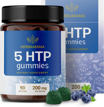 Herbamama 5-Htp Brain Gummies - 5-Htp 200 Mg Supplement For Brain Health Support - Vegan, Gelatin-Free, Non-Gmo - 90 Blueberry-Flavored 5-Hydroxytryptophan Chews