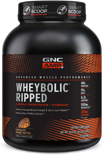 Gnc Amp Wheybolic Ripped Protein Powder & Thermogenic Protein Supplement, Muscle Strength & Size, Energy & Endurance, 40G Protein, 6.2G Leucine, 15G Eaa, Caffeine, Strawberries And Cream, 9 Servings