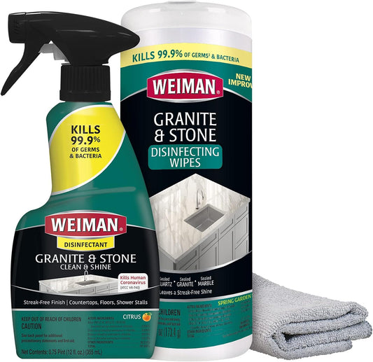Weiman Disinfectant Granite Cleaner Kit - Safely Clean Disinfect and Shine Granite Marble Soapstone Quartz Quartzite Slate Limestone Corian Laminate Tile Countertops - Packaging May Vary