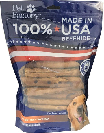 Pet Factory 100% Made In Usa Beefhide 5" Chip Rolls Dog Chew Treats - Peanut Butter Flavor, 20 Count/1 Pack