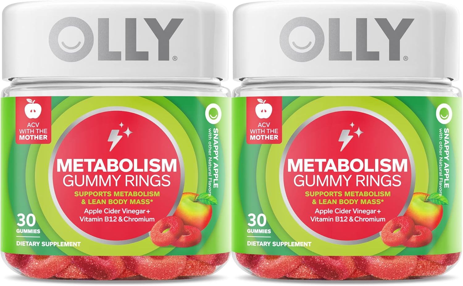 Olly Metabolism Gummy Rings, Apple Cider Vinegar, Vitamin B12, Chromium, Energy And Digestive Health, Chewable Supplement, Apple Flavor, Twin Pack - 60 Count