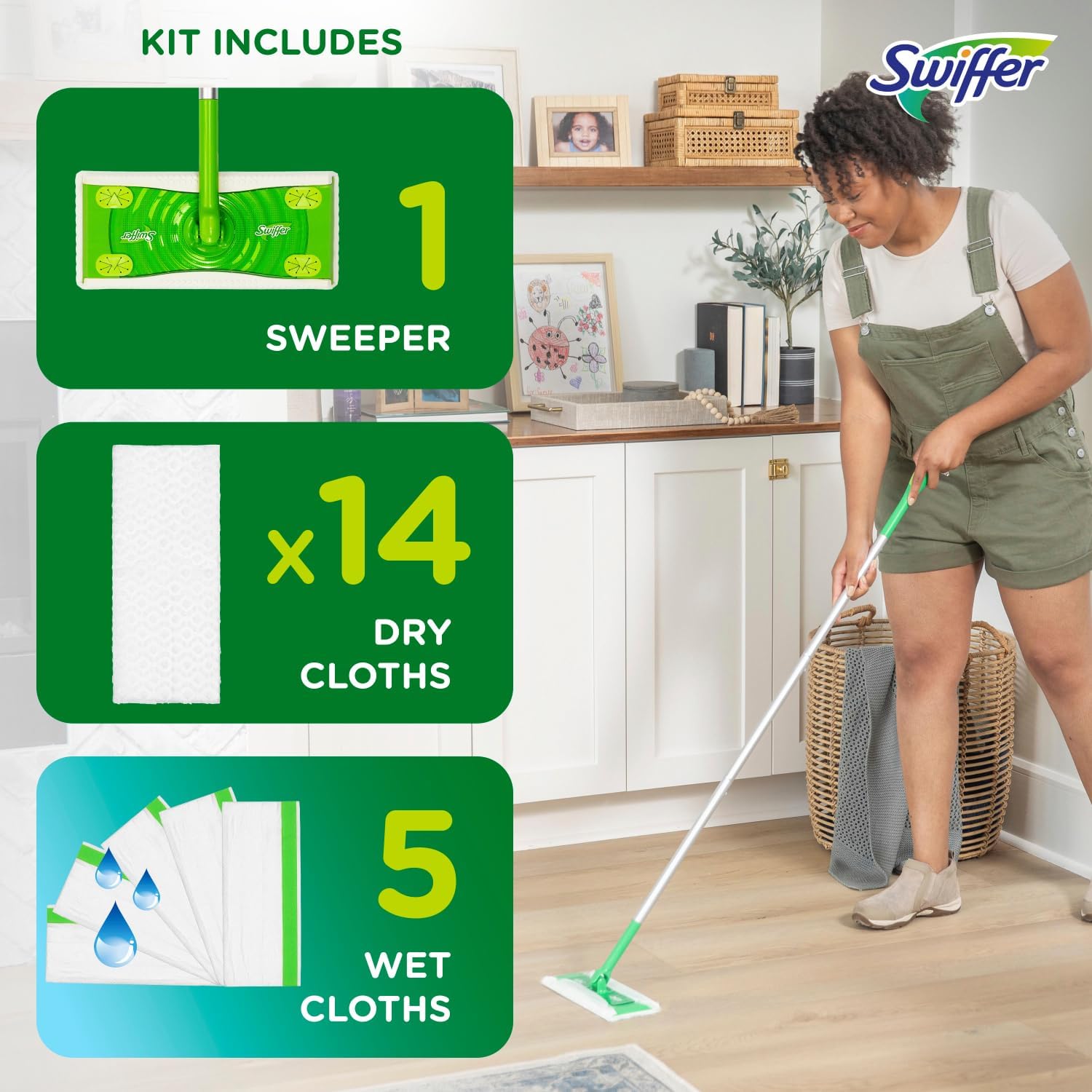 Swiffer Sweeper 2-In-1 Dry + Wet Floor Mopping And Sweeping Kit, Multi-Surface Kit For Floor Cleaning, Kit Includes 1 Sweeper, 14 Dry Sweeping Cloths, 5 Wet Mopping Cloths