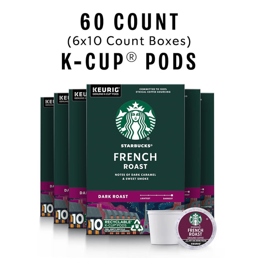 Starbucks K-Cup Coffee Pods, Dark Roast Coffee, French Roast For Keurig Brewers, 100% Arabica, 6 Boxes (60 Pods Total)
