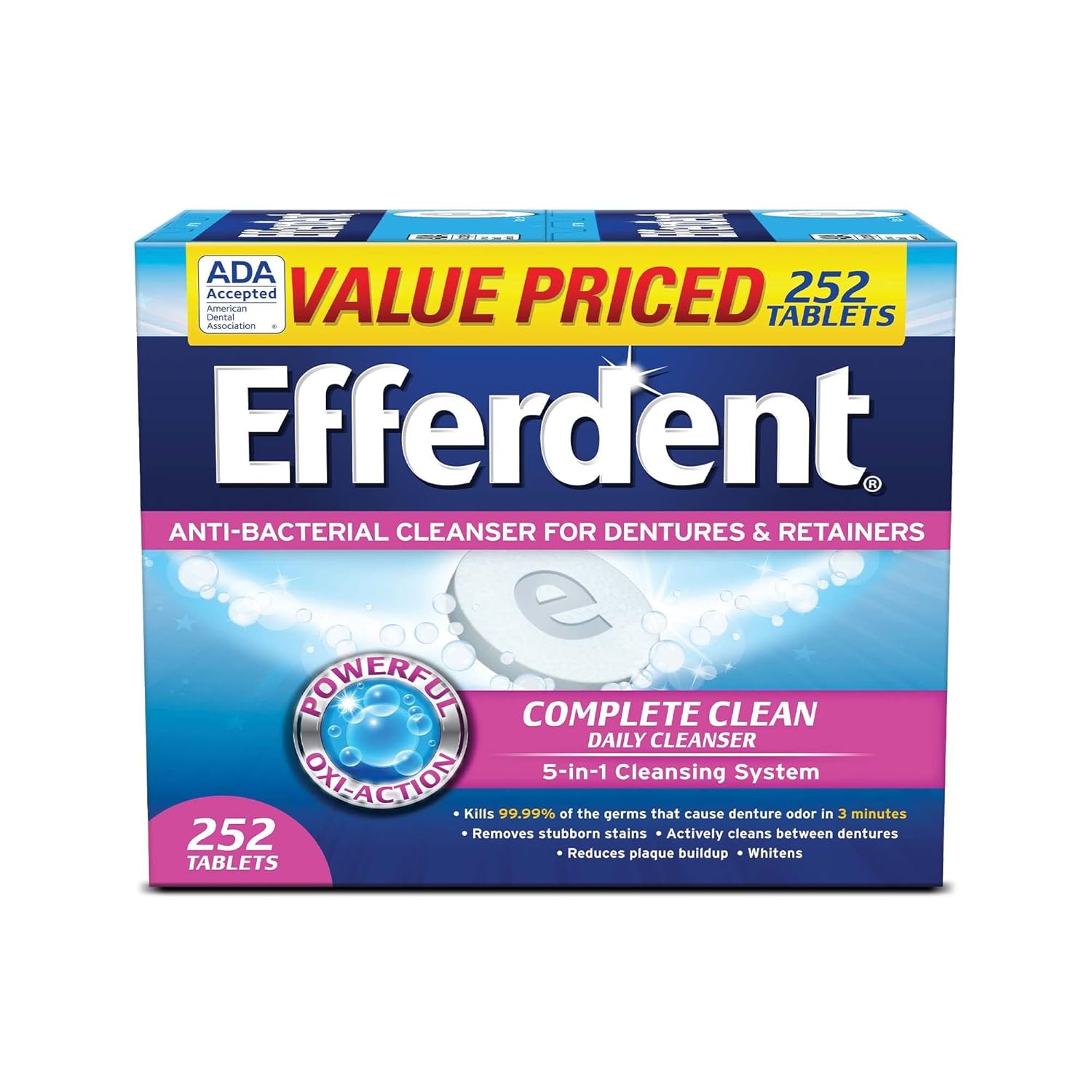 Efferdent Denture Cleanser Tablets, Complete Clean, Tablets, Multicolor, 252 Count