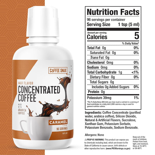 Coffee Snax Cold Brew Coffee Concentrate, Caramel Coffee Concentrate With No Added Sugar (Bulk 96 Servings Bottle, Caramel)