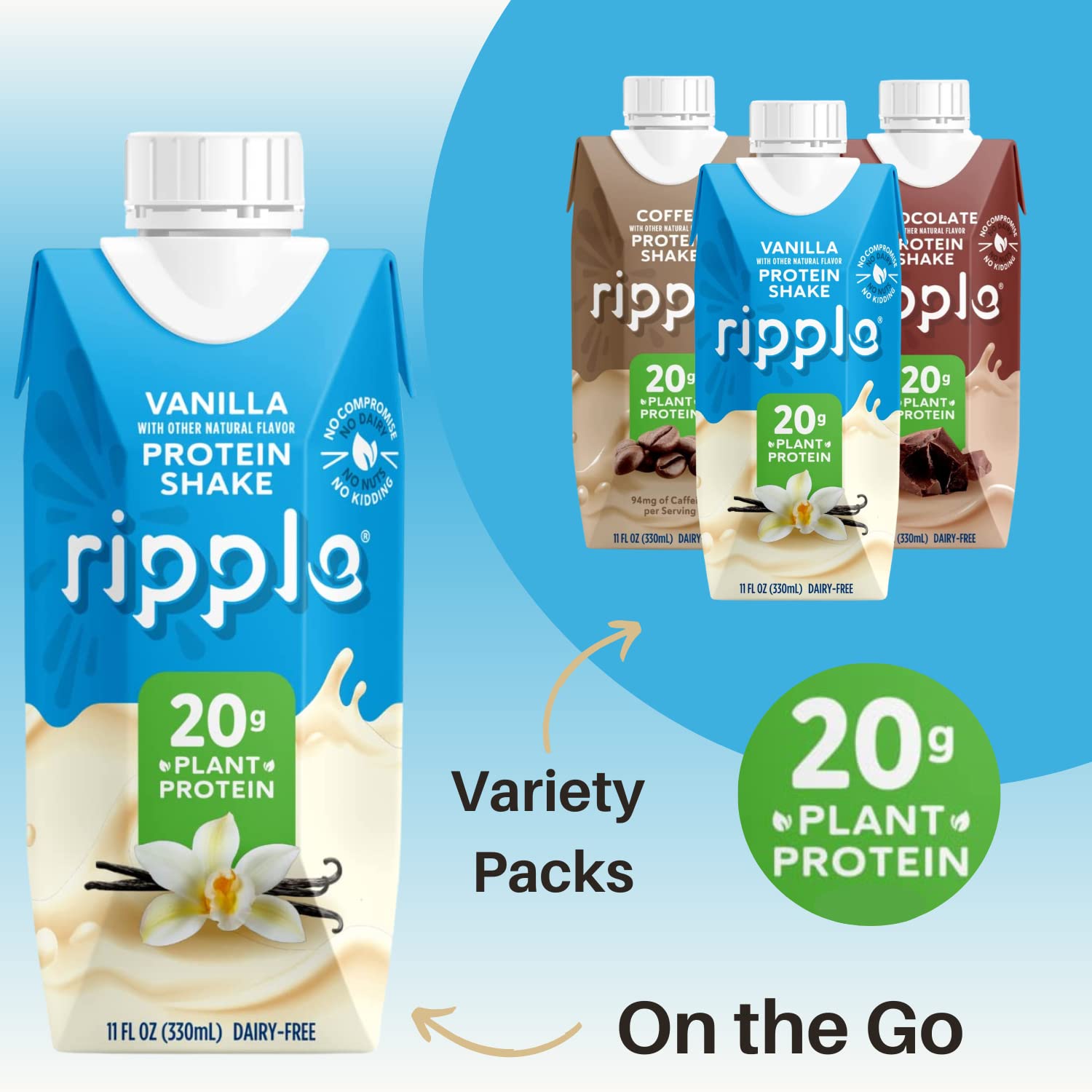 Ripple Vegan Protein Shake, Vanilla | 20G Nutritious Plant Based Pea Protein In Ready To Drink Cartons | Non-Gmo, Non-Dairy, Soy Free, Gluten Free, Lactose Free | Shelf Stable | 11 Fl Oz (4 Pack)