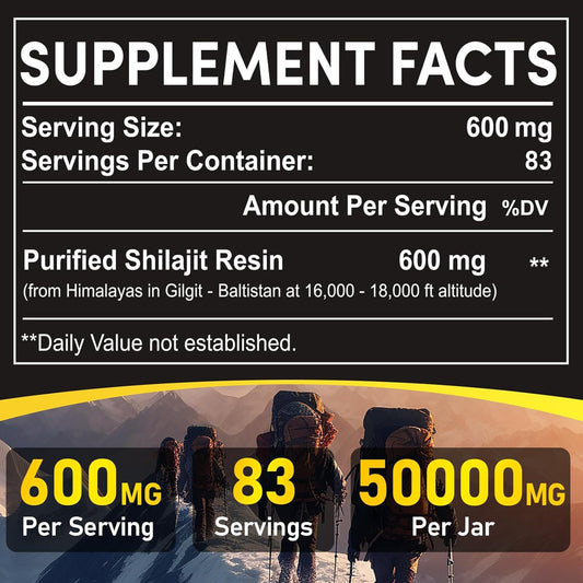 Shilajit Resin, Himalayan Shilajit Pure Himalayan Organic - 600Mg Potency Gold Grade, Shilajit For Men & Women With 85+ Trace Minerals & Fulvic Acid, For Energy, Immunity & Strength, 83 Serving (50G)