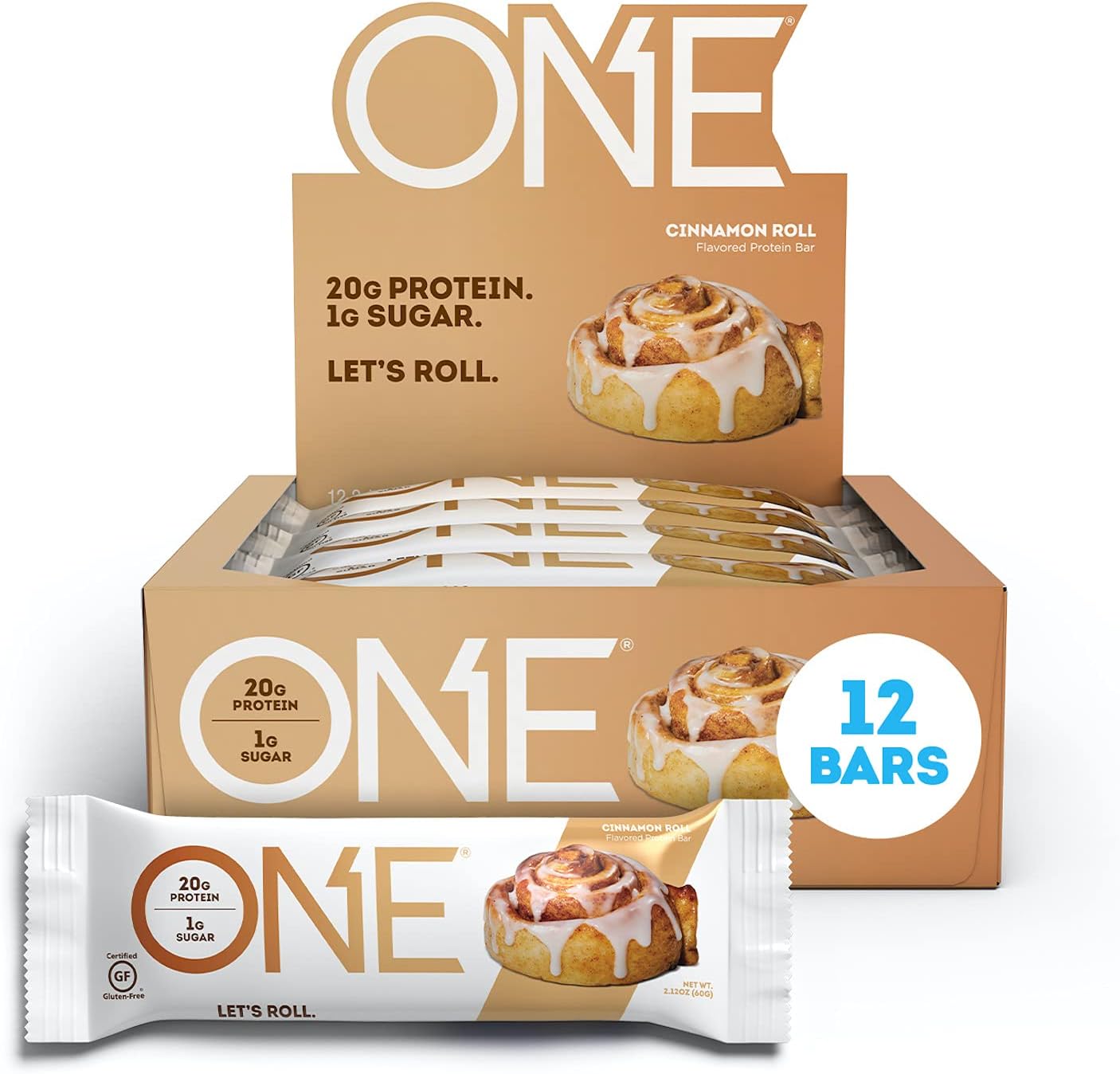 ONE Protein Bars, Cinnamon Roll, Gluten Free Protein Bars with 20g Protein and Only 1g Sugar, Guilt-Free Snacking for High Protein Diets, 2.12 oz (12 Count)