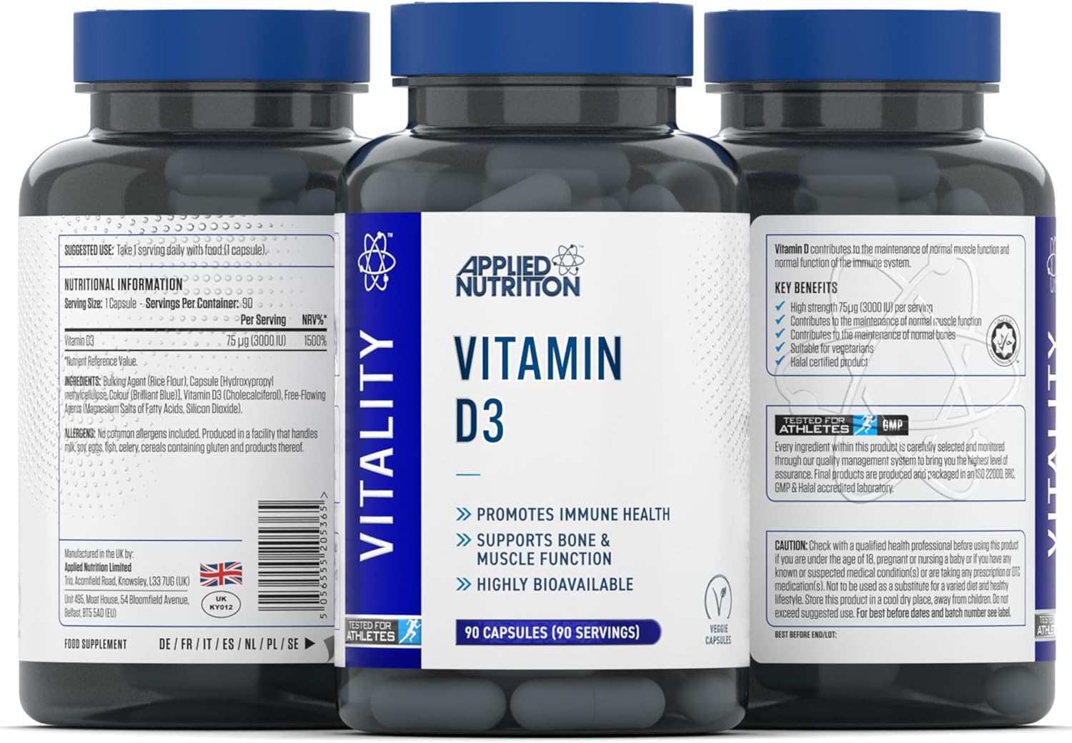 Applied Nutrition Vitamin D3 3000 IU | 75µg High Strength for Immune Support, Bones, Muscles & Energy | Vegetarian | Halal - (90 Capsules) (3 Month Supply) : Amazon.co.uk: Health & Personal Care