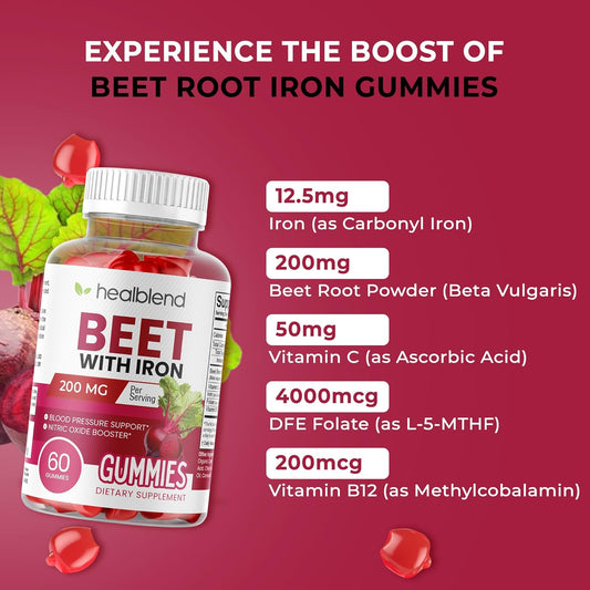 Healblend Beet Root Gummies 200Mg - Nitric Oxide Booster Beets With Iron For Heart Health, Circulation & Healthy Blood Pressure Support, Natural Flavored - 60 Gummy (1)