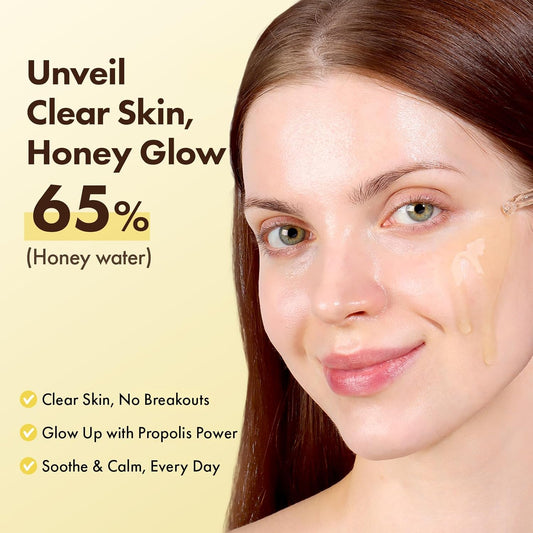 Honey Glow 65% Propolis Serum, Hyaluronic Acid, Kojic Acid, Niacinamide, Hydrating Facial Soothing Moisturizer For Irritated Uneven Skin Tone, Glass Skin, Korean Skin Care, 33Ml, 1.11 Fl.Oz