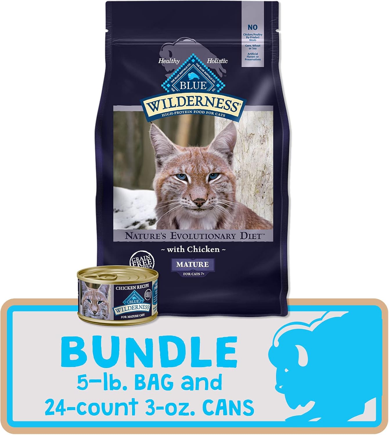 Blue Buffalo Wilderness High Protein Natural Mature Grain Free Cat Food Bundle, Dry Cat Food and Wet Cat Food, Chicken (5-lb Dry Food + 3oz cans 24ct) : Pet Supplies