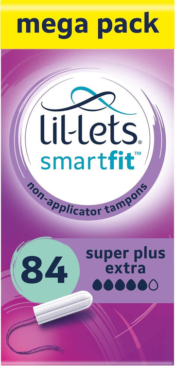 Lil-Lets Non-Applicator Super Plus Extra Tampons X 84, (6 Packs of 14 Tampons), For Very Heavy Flow, 5 Droplets, Plant-Based, SmartFit™ Non-App Tampon