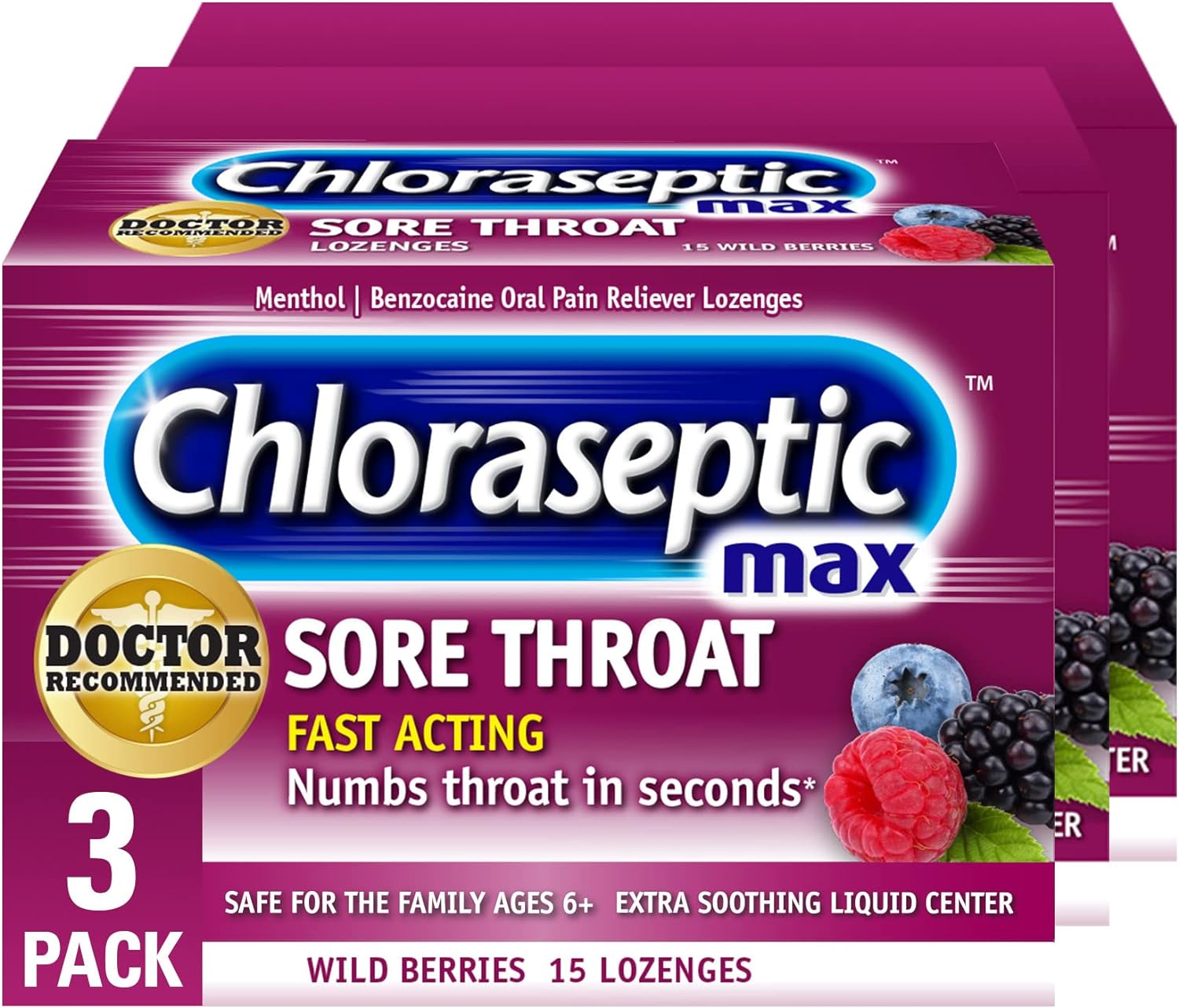 Chloraseptic Max Strength Sore Throat Lozenges, Wild Berries, 15 Count, 3 Pack