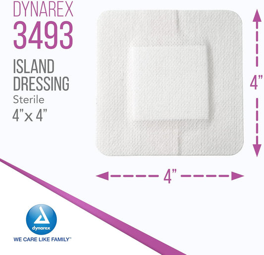 Dynarex Island Dressings – Sterile, Wound Or Blister Dressing, Individually Packaged, Highly Absorbent Bandage Dressing, Adhesive Border, White, 4” X 4”- 6 Boxes Of 25 Dressings