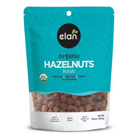 Elan Organic Raw Hazelnuts, Unsalted, Unroasted, Shelled Raw Nuts, With Skins, Healthy Snacks, Non-GMO, Vegan, Gluten-Free, Kosher, Filberts, 8 pack of 5.8 oz