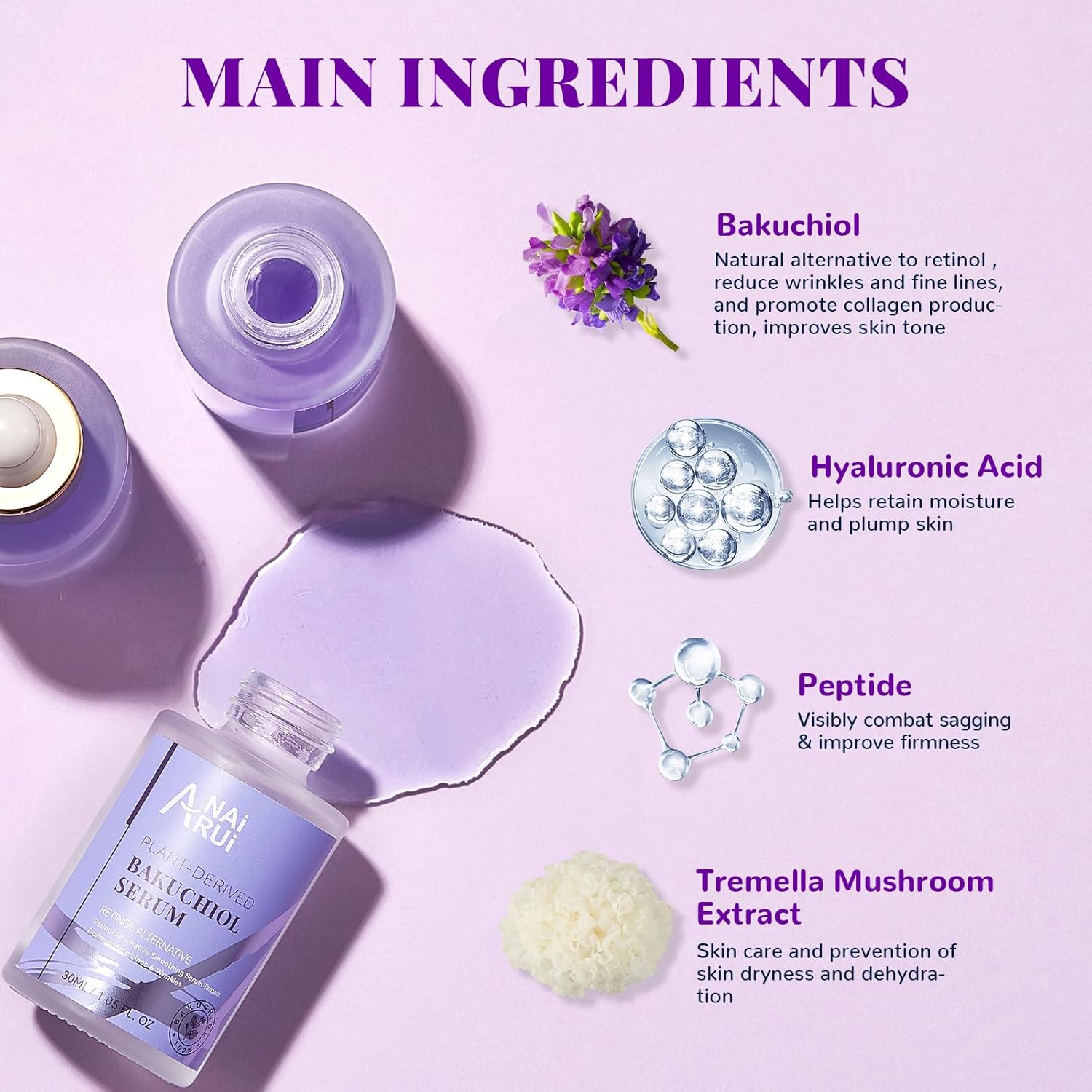 Anai Rui Bakuchiol Face Serum, Bakuchiol Retinol Alternative Serum,Smoothing Face Serum With Hyaluronic Acid & Peptide Sensitive Skin Serum, Anti Aging, Smoothing & Wrinkle Serum, 1.69Fl.Oz 50Ml : Beauty & Personal Care