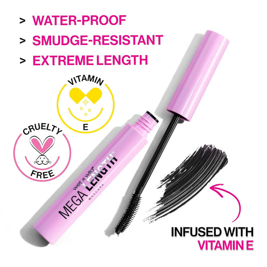 Wet N Wild Mascara - Lengthening, Vitamin E Enriched, Precision Comb Brush, Cruelty-Free, Gluten-Free, Sulfate-Free & Vegan - Very Black