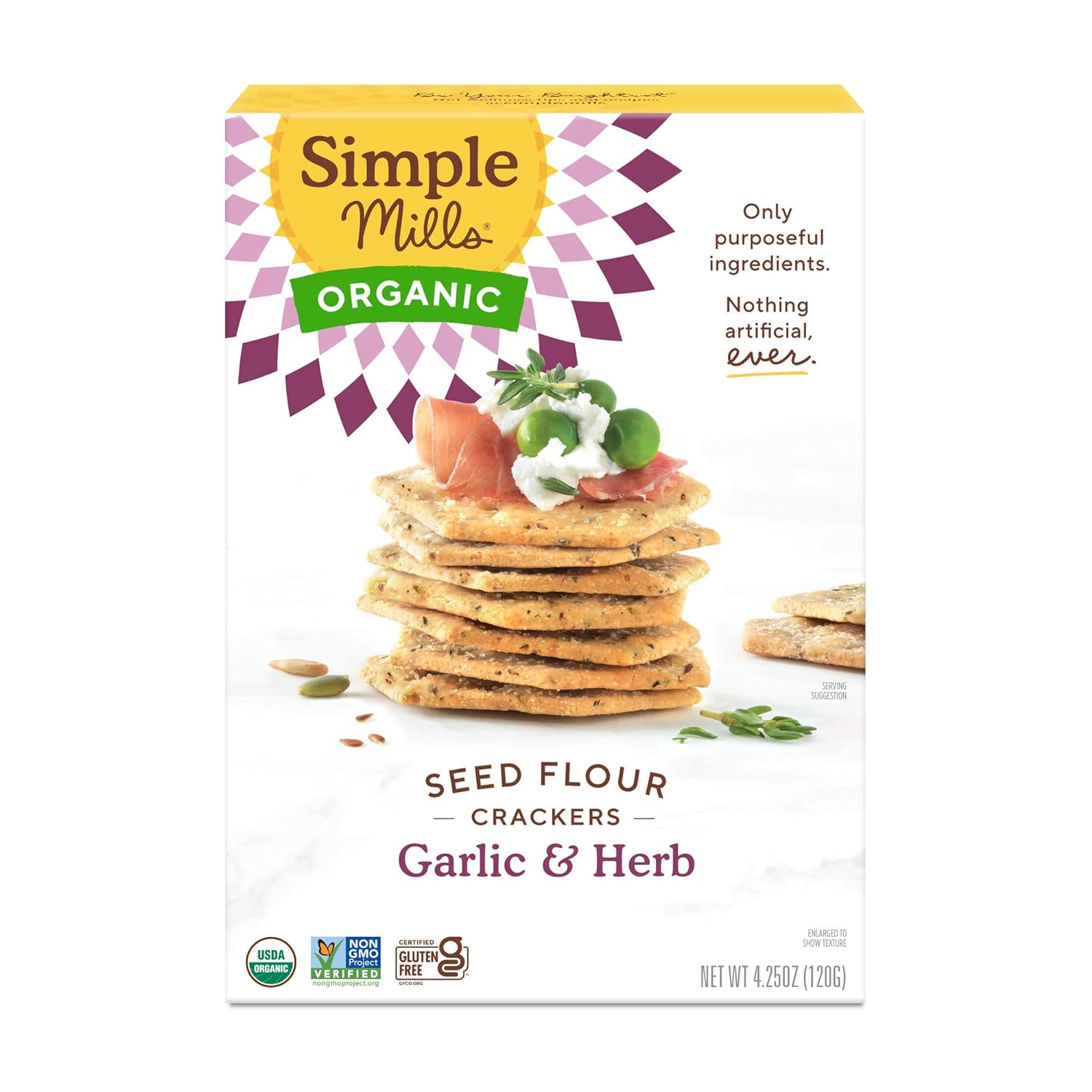 Simple Mills Organic Seed Crackers, Garlic & Herb - Gluten Free, Vegan, Healthy Snacks, Paleo Friendly, 4.25 Ounce (Pack of 1)