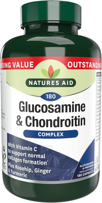 Natures Aid Glucosamine & Chondroitin Complex - Rosehip Ginger Turmeric Vitamin C Supplement - Joint Support Mobility, Flexibility & Cartilage Health - Non-Gmo, Gluten-Free - 180 Capsules
