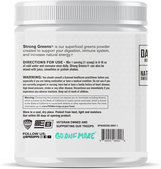 Bare Performance Nutrition, Bpn Strong Greens Superfood Powder, Improved Digestion, Increased Energy, Immune System Support, Sweet Mint, 30 Servings