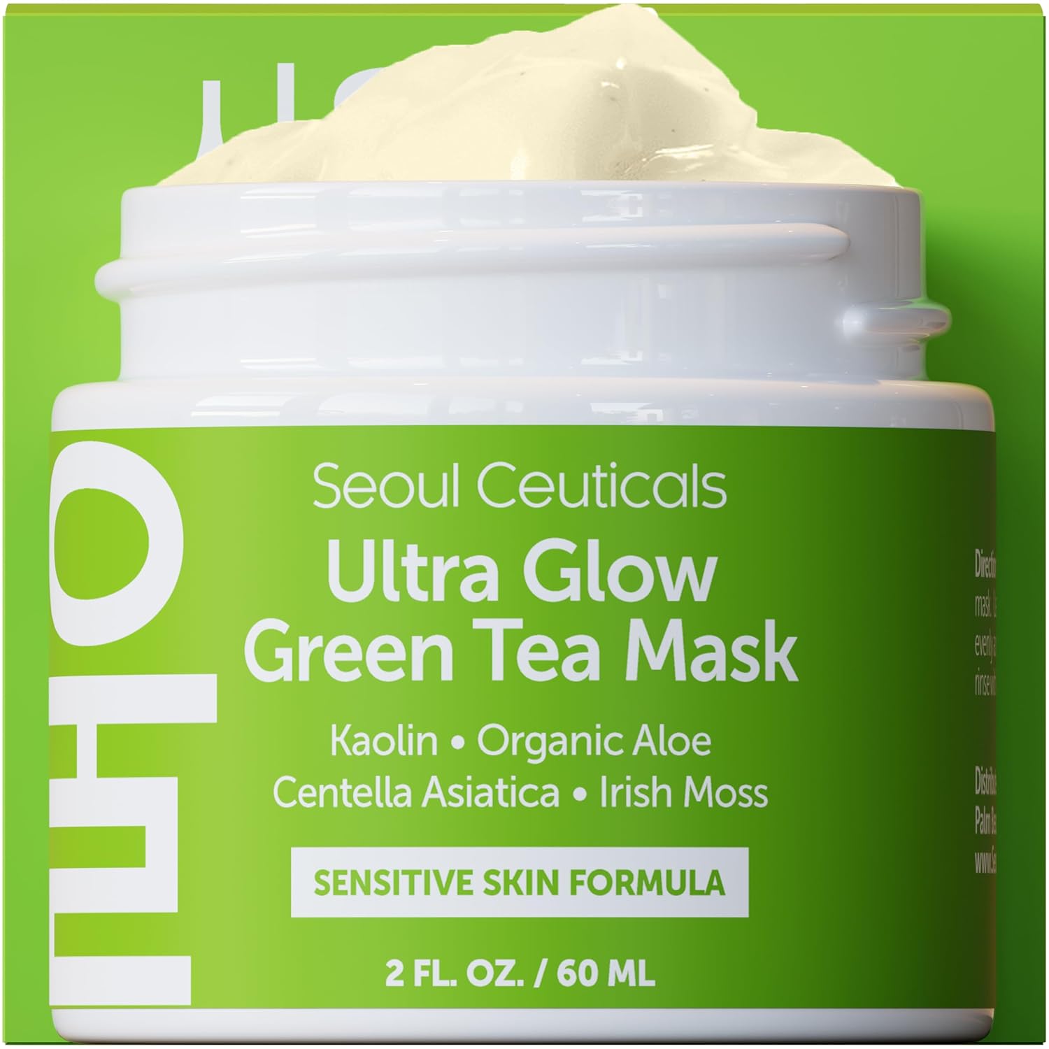 Seoulceuticals Korean Skin Care Face Mask For Sensitive Skin - Korean Skincare Green Tea Wash Off Masks - K Beauty Face Masks - Aloe Vera Mask + Centella Asiatica Hydrating Facial Spa Mask 2Oz