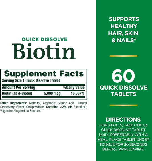 Nature'S Bounty Biotin, Vitamin Supplement, Supports Metabolism For Cellular Energy And Healthy Hair, Skin, And Nails, 5000 Mcg, 60 Quick Dissolve