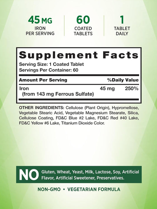 Iron Supplement | 45 Mg | 60 Count | Ferrous Sulfate | Non-Gmo & Gluten Free Vitamin For Men And Women | By Nature'S Truth