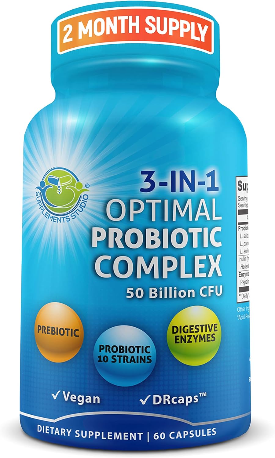 Probiotics with Digestive Enzymes and Prebiotic for Women and Men - 3-In-1 Vegan Probiotic Prebiotic Multi Enzyme Complex for Gut Health - Maximum Absorption Delayed-Release Capsules - 60 count