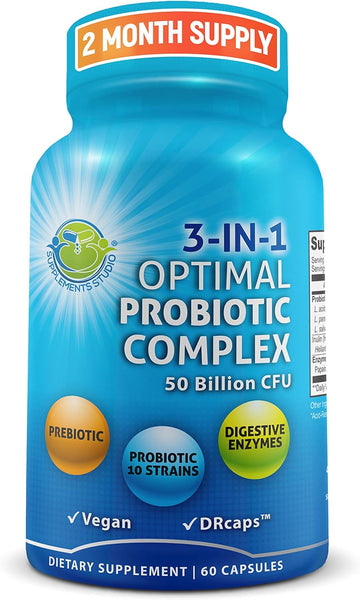 Probiotics with Digestive Enzymes and Prebiotic for Women and Men - 3-In-1 Vegan Probiotic Prebiotic Multi Enzyme Complex for Gut Health - Maximum Absorption Delayed-Release Capsules - 60 count