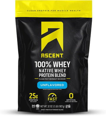 Ascent 100% Whey Protein Powder - Post Workout Whey Protein Isolate, Zero Artificial Flavors & Sweeteners, Gluten Free, 5.5g BCAA, 2.6g Leucine, Essential Amino Acids, Unflavored 2 lb