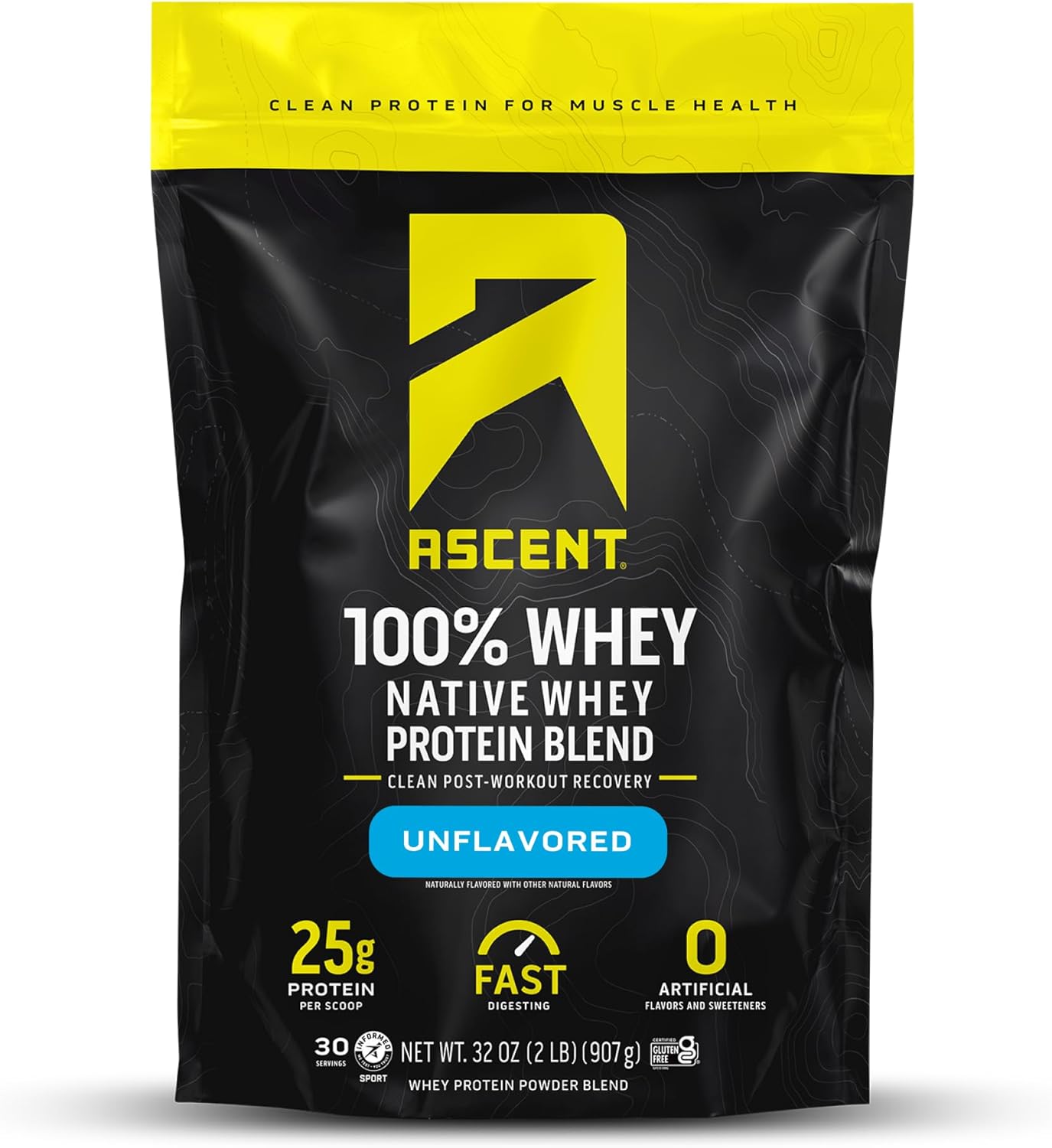 Ascent 100% Whey Protein Powder - Post Workout Whey Protein Isolate, Zero Artificial Flavors & Sweeteners, Gluten Free, 5.5G Bcaa, 2.6G Leucine, Essential Amino Acids, Unflavored 2 Lb