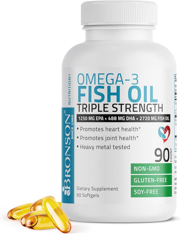 Bronson Omega 3 Fish Oil Triple Strength 2720 Mg, High Epa 1250 Mg Dha 488 Mg, Non-Gmo Heavy Metal Tested, 90 Softgels