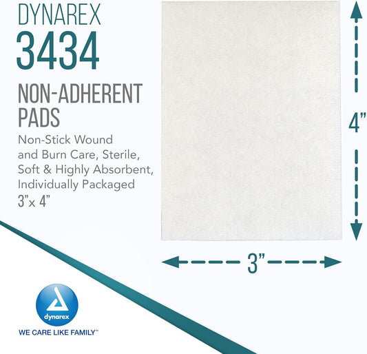 Dynarex Non-Adherent Pads-Sterile, Individually Packaged, Non-Stick Wound And Burn Care, Soft & Highly Absorbent, 3” X 4”, 1 Box Of 100 Non-Adherent Pads-Sterile