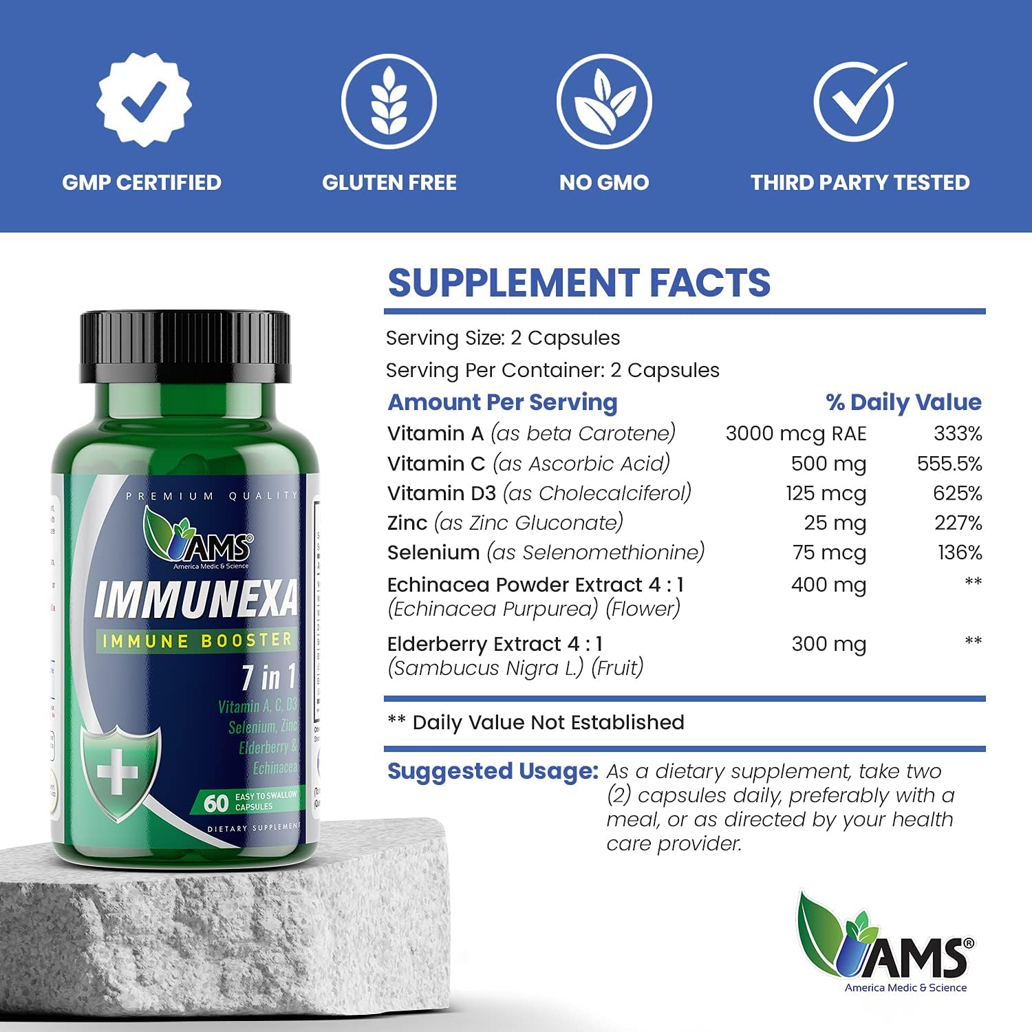America Medic & Science Immunexa 7 In 1 Immune Support Booster (60 Capsules) With Vitamin A, C, D, Zinc, Echinacea, Elderberry | Adults Immunity Boosting Supplement | Natural, Non-Gmo & Gluten-Free : Health & Household