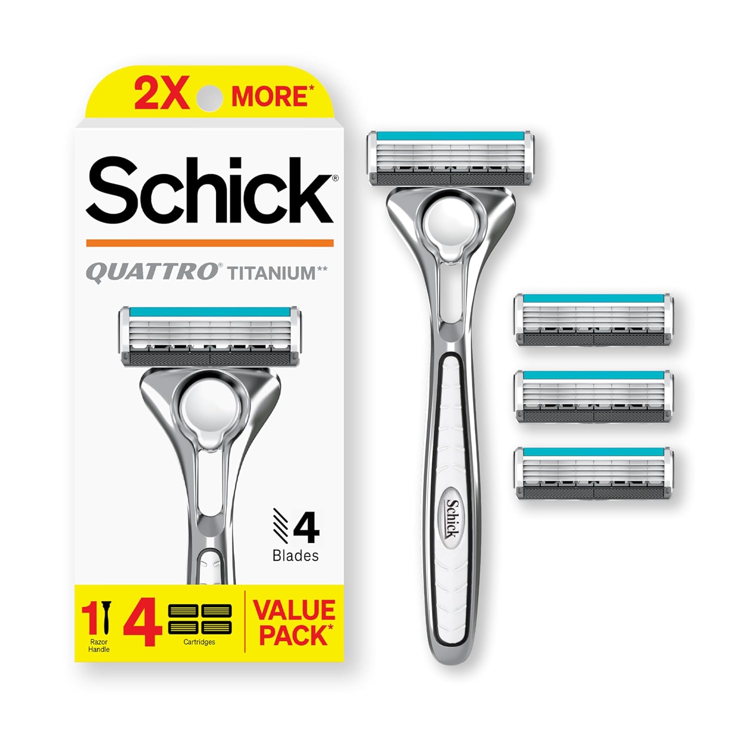 Schick Quattro Titanium Razor, 1 Razor Handle and 4 Cartridges | Shaving Razors for Men, 4 Blade Mens Razors for Shaving, Razor Blades for Men, 1 Handle with 4 Razor Blades Refills