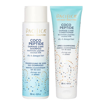 Pacifica Beauty, Coco Peptide Damage Care Shampoo + Conditioner Set, Dry & Damaged Hair, Repair Damage from Bleach, Color, Chemical Services, & Heat, Coconut, Peptide, Treat Split Ends & Breakage