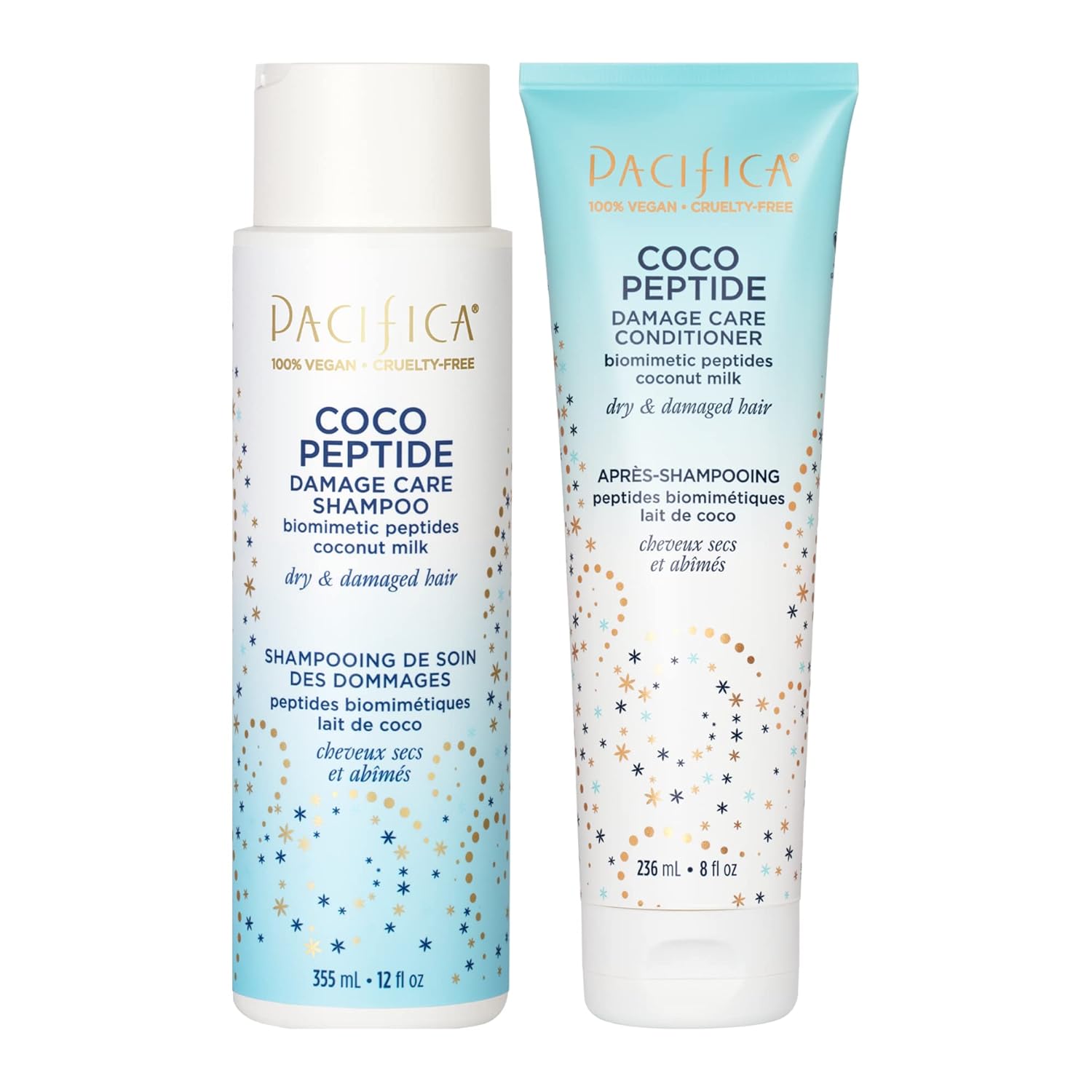 Pacifica Beauty, Coco Peptide Damage Care Shampoo + Conditioner Set, Dry & Damaged Hair, Repair Damage From Bleach, Color, Chemical Services, & Heat, Coconut, Peptide, Treat Split Ends & Breakage