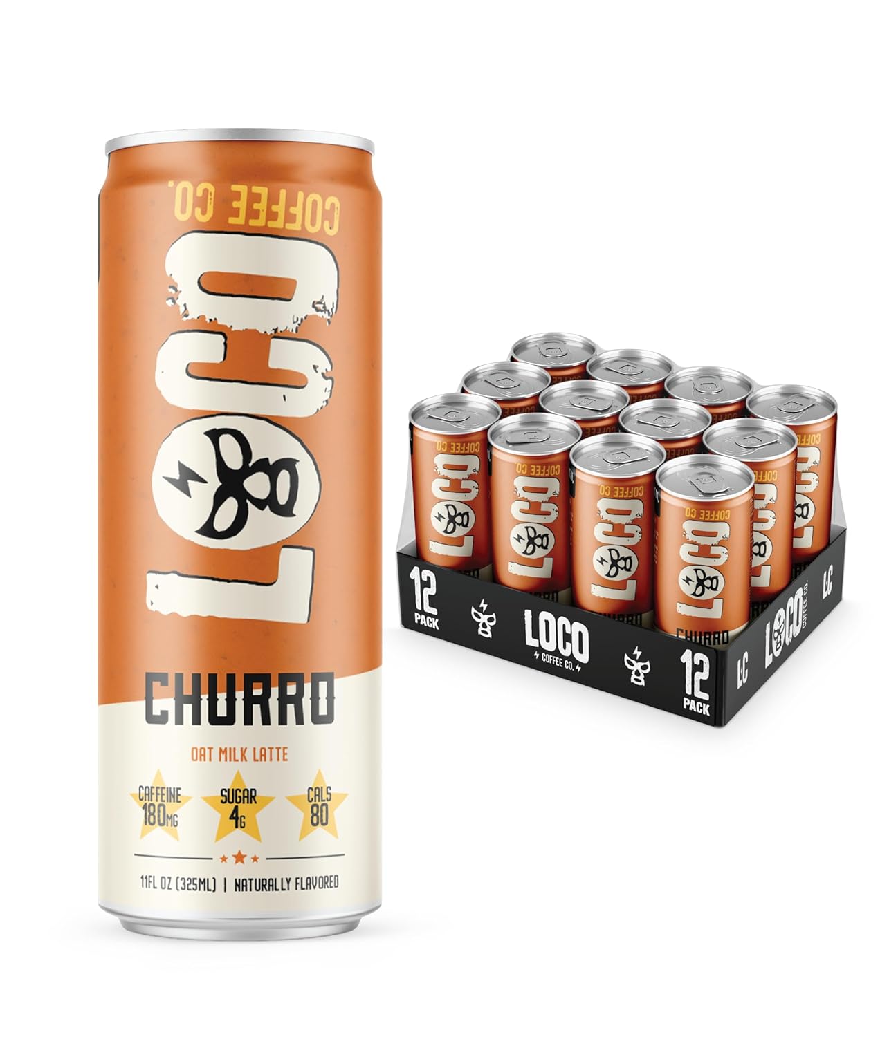 Loco Coffee Churro Oat Milk Latte Cold Brew Coffee [Churro] 11 Ounce Can, 12 Count | Medium Roast, 180Mg Caffeine | Gluten Free And Dairy Free | Low Sugar, Low Calorie Iced Coffee