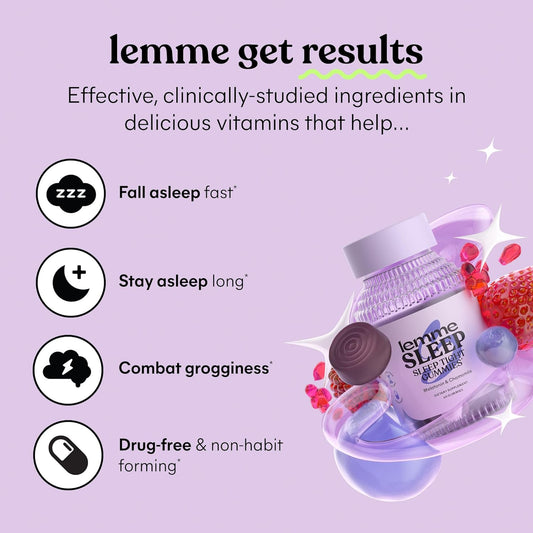 Lemme Sleep Gummies with 5mg Melatonin, Elderberry, Magnesium, L-Theanine, Chamomile and Lavender, Drug-Free Nighttime Sleep Aid, Vegan, Gluten Free, Gelatin Free, Non GMO, Berry Flavored (60 Count)