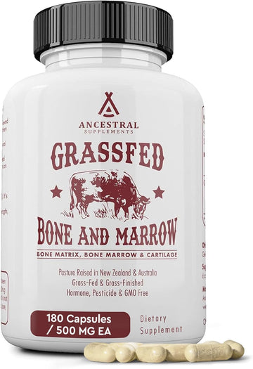 Ancestral Supplements Grass Fed Beef Bone And Marrow Supplement, 3000Mg, Skin, Oral Health, And Joint Support Supplement, Promotes Whole-Body Wellness, Non Gmo Whole Bone Extract, 180 Capsules