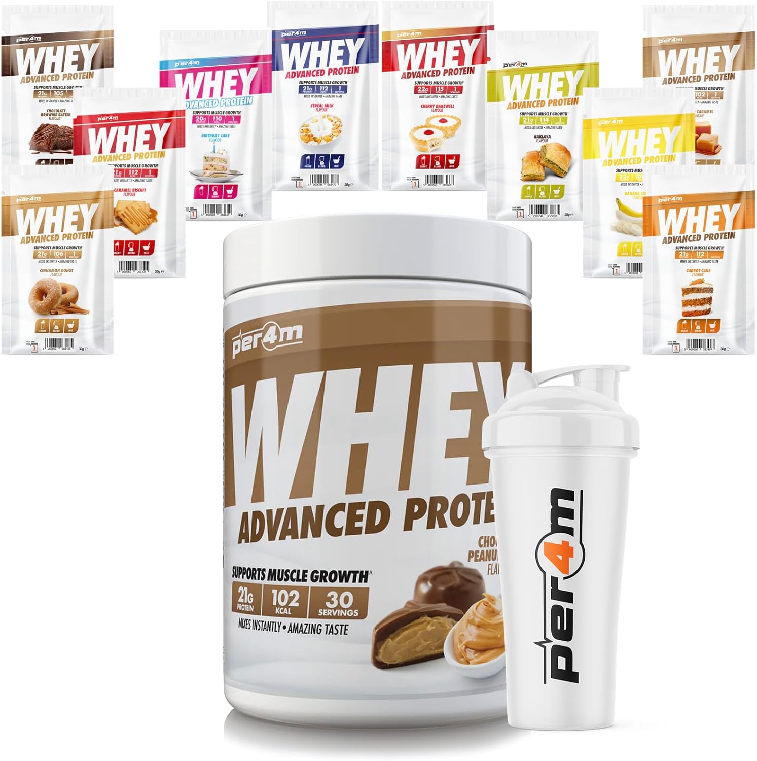 Per4M Advanced Whey Protein Powder | 30 Serving Low Sugar Protein Shake With Amino Acids | Perfect For Your Gym Bag And Travel | Shaker & 5 Mixed Selection Sachets (900G, Strawberry Creme)