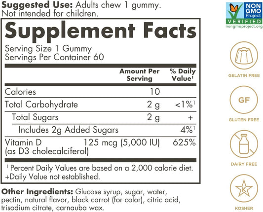 Solgar Vitamin D3 Gummies For Adults 5,000Iu Ultra Potency Vitamin Immune System Support For Women & Men - Tasty Strawberry Flavor, Gluten & Gelatin Free Gummy, 2 Month Supply, 60 Servings, 2G Sugar