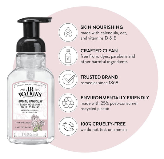 J.R. Watkins Foaming Hand Soap With Pump Dispenser, Moisturizing Foam Hand Wash, All Natural, Alcohol-Free, Cruelty-Free, Usa Made, Rosewater, 9 Fl Oz, 3 Pack