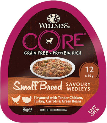 Wellness CORE Small Breed Savoury Medleys, Dog Food Wet for Smaller Breed, Grain Free, High Meat Content, Chicken and Turkey, 85 g (Pack of 12)?10454