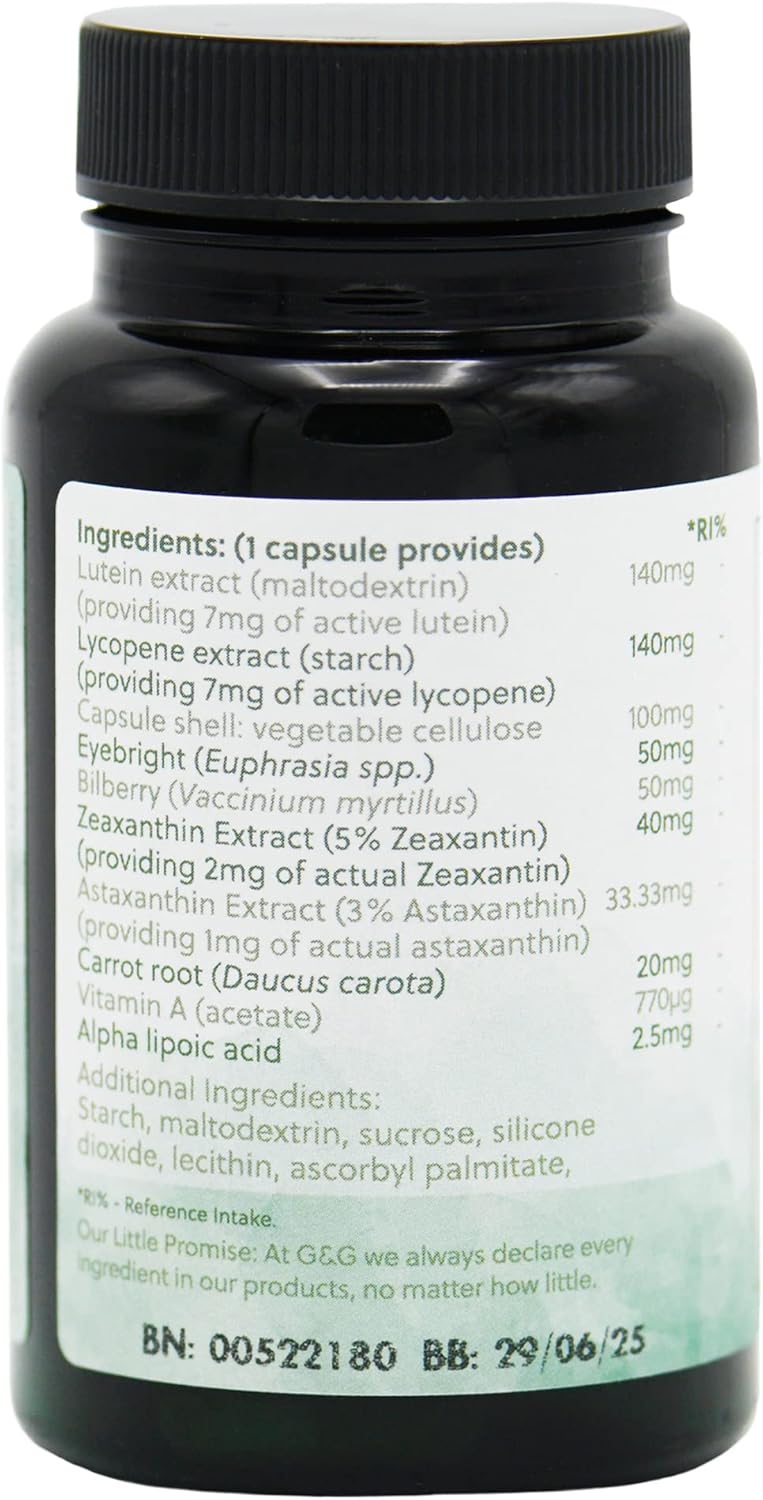 Eyebright Plus | Eyebright, Lutein, Astaxanthin, Bilberry, Lycopene Supplement | 60 Vegan Capsules | G&G Vitamins : Amazon.co.uk: Health & Personal Care