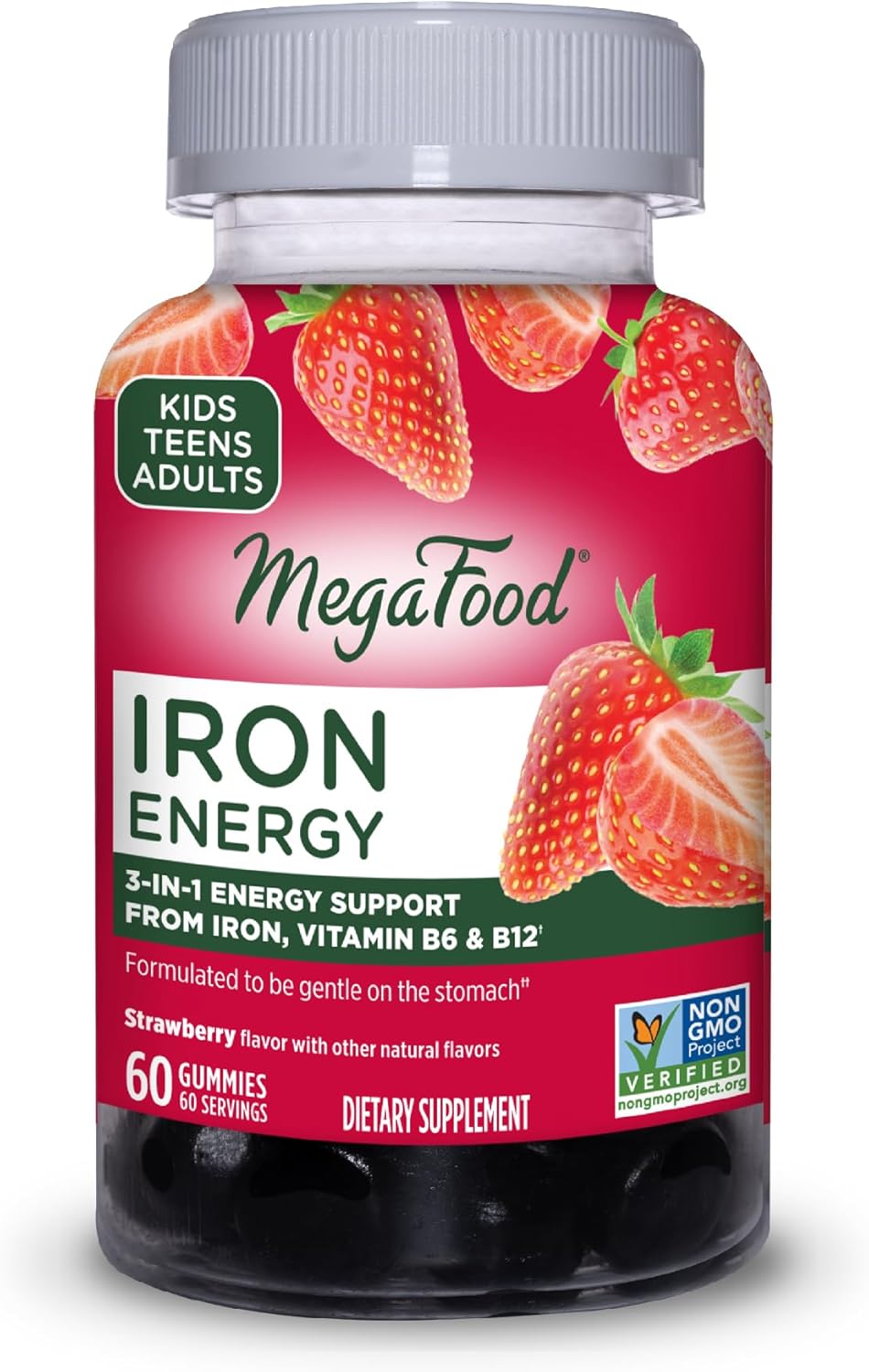 Megafood Iron Energy Gummies - Vegan & Gluten-Free Iron Supplement For Women, Men, Teens & Kids With Vitamin B12 & B6, From The Makers Of Blood Builder Iron Supplement, Strawberry Flavor - 60 Gummies