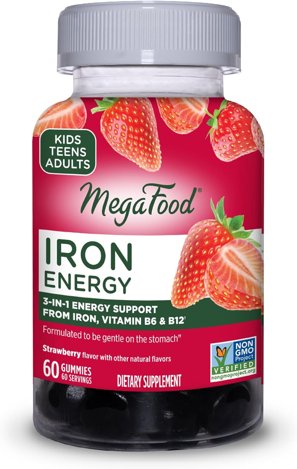 MegaFood Iron Energy Gummies - Vegan & Gluten-Free Iron Supplement for Women, Men, Teens & Kids with Vitamin B12 & B6, from The Makers of Blood Builder Iron Supplement, Strawberry Flavor - 60 Gummies